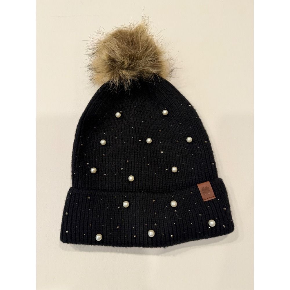 Lucky Brand Black Pearl Embellished Beanie Faux Fur Pom Knit Hat LK00318